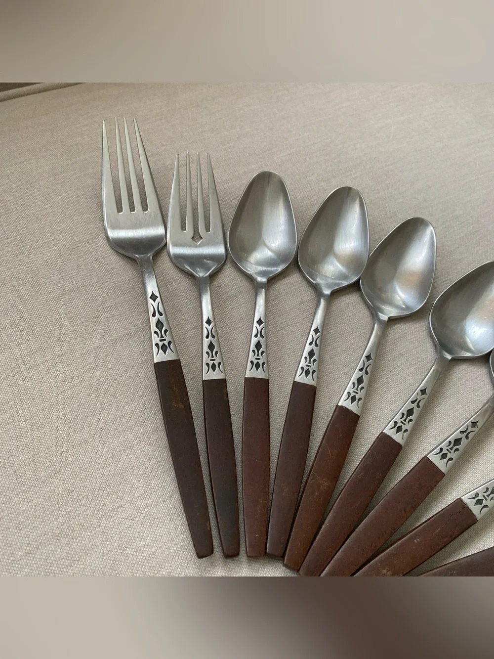 VTG MCM Grand Prix Dior Muffin Flatware 19 Pc Lot Stainless Japan Faux Wood